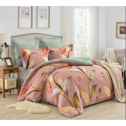 1.5 спальное постельное белье сатин двустороннее розовое с листьями