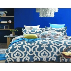 1.5 спальный постельное белье двустороннее из сатина синее с кремовым орнаментом 