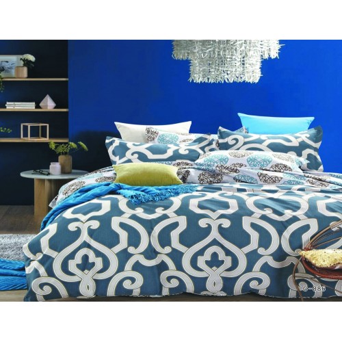1.5 спальный постельное белье двустороннее из сатина синее с кремовым орнаментом 