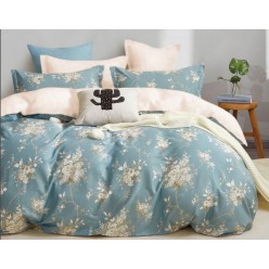 1.5 спальное постельное белье двустороннее сатин дымчато голубое с цветами