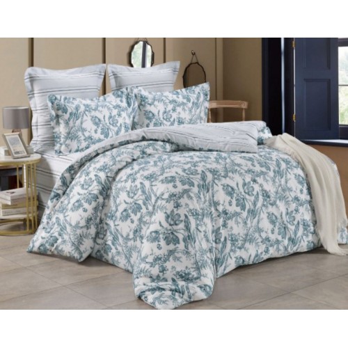 2 спальный комплект постельного белья сатин белый с серыми полосками и цветами
