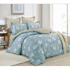 1.5 спальное постельное белье сатин двустороннее голубое с цветами