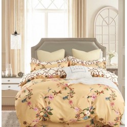 1.5 спальное постельное белье сатиновое двустороннее желтое с красивыми цветами