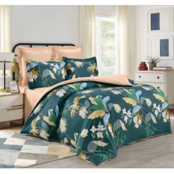 1.5 спальное постельное белье сатин двустороннее зеленое с листьями