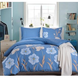 1.5 спальное постельное белье сатин двустороннее синее с крупными цветами