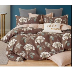 Семейное постельное белье сатин двустороннее коричневое с цветами