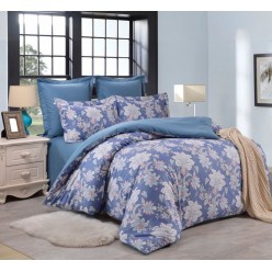 1.5 спальный комплект постельного белья сатин двусторонний темно синий с цветами