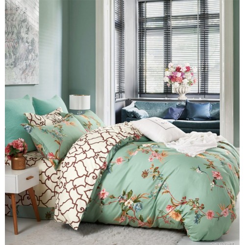 1.5 спальное постельное белье сатин двустороннее зеленое с нежными цветами