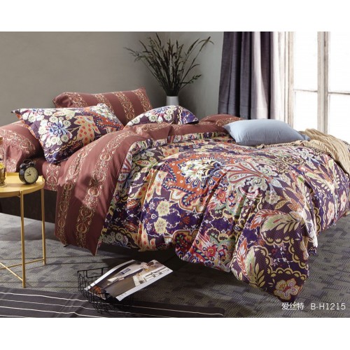 2 спальное шелковистое постельное белье двустороннее из премиум сатина коричневое с восточными узорами