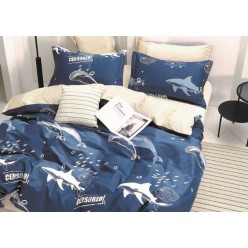 Подростковое сатиновое постельное белье двустороннее синее с акулой