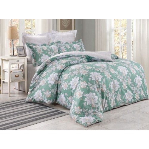 Семейный комплект постельного белья сатин двусторонний зеленый с цветами