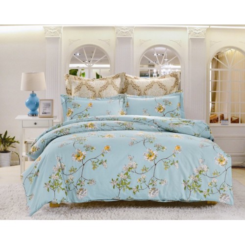 2 спальное постельное белье сатин голубое с цветами