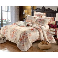 2 спальное постельное белье из поплина бежевое с цветами