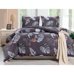 1.5 спальное постельное белье сатин двустороннее темно серое с пальмовыми листьями