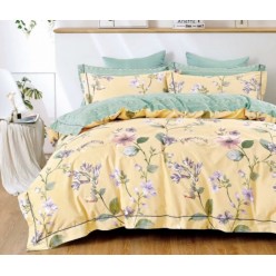 2 спальное постельное белье премиум сатин двустороннее желтое с цветами