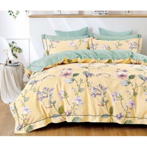 2 спальное постельное белье премиум сатин двустороннее желтое с цветами