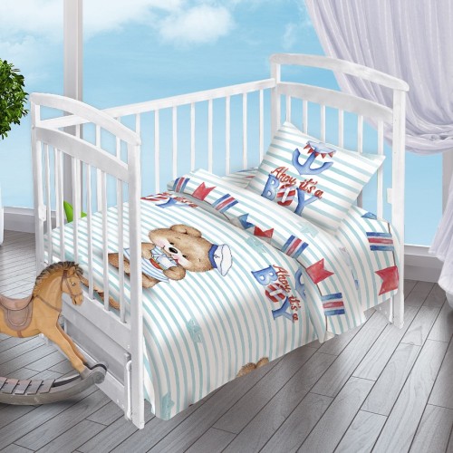 Детский комплект постельного белья для новорожденных Мишка-Морячок поплин белый в голубую полоску