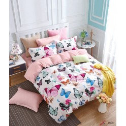 Семейный комплект постельного белья двусторонний сатин розовый с бабочками